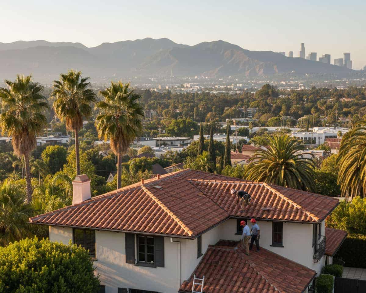 Team of roofers from LA Roof Services working on a roof in San Marino with city skyline in the background