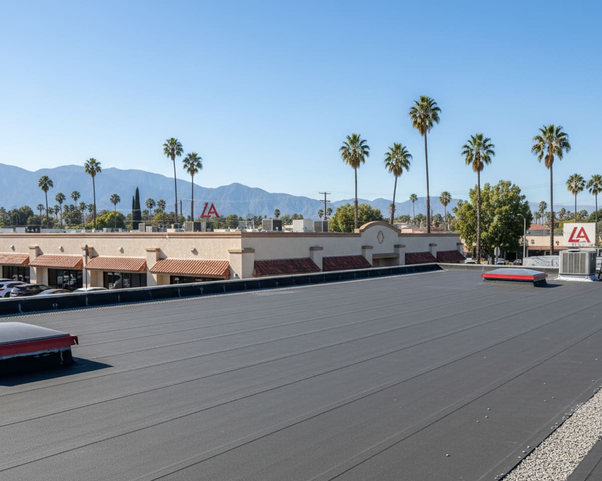 LA Roof Services crew installing a new commercial flat roof in Burbank
