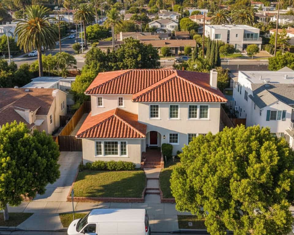 Aerial view of a newly installed tile roof on a residential property in a sunny Los Angeles neighborhood.