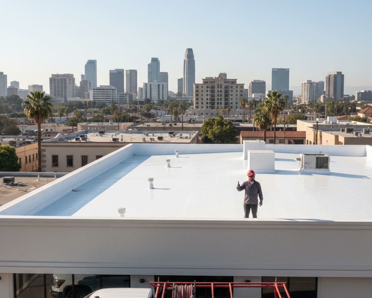 LA Roof Services crew member performing routine maintenance on a commercial flat roof in Glendale with downtown buildings in the distance