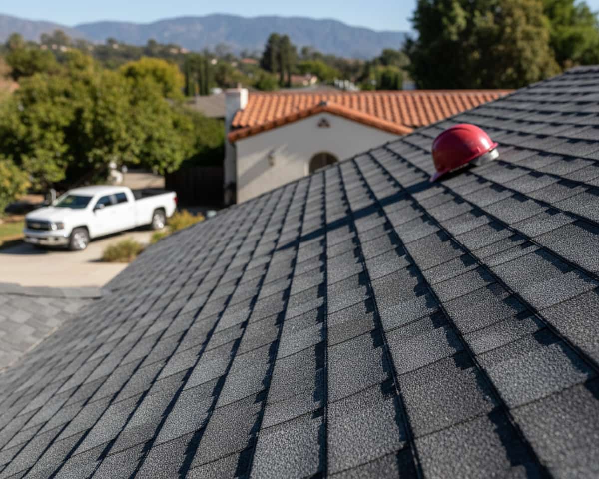 Close-up of newly installed asphalt shingles on an Altadena residence, showcasing material quality