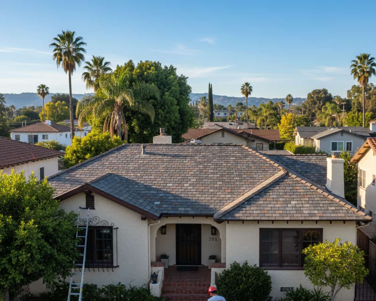 LA Roof Services crew working on a reroofing project in a Glendale neighborhood.
