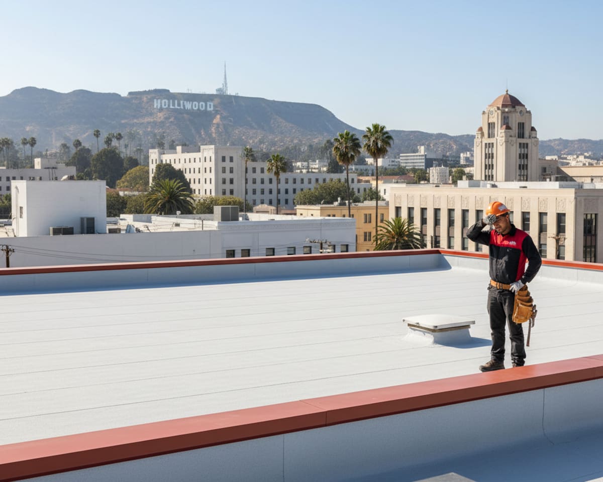 A newly completed reroofing project on a Hollywood commercial building, showcasing modern materials