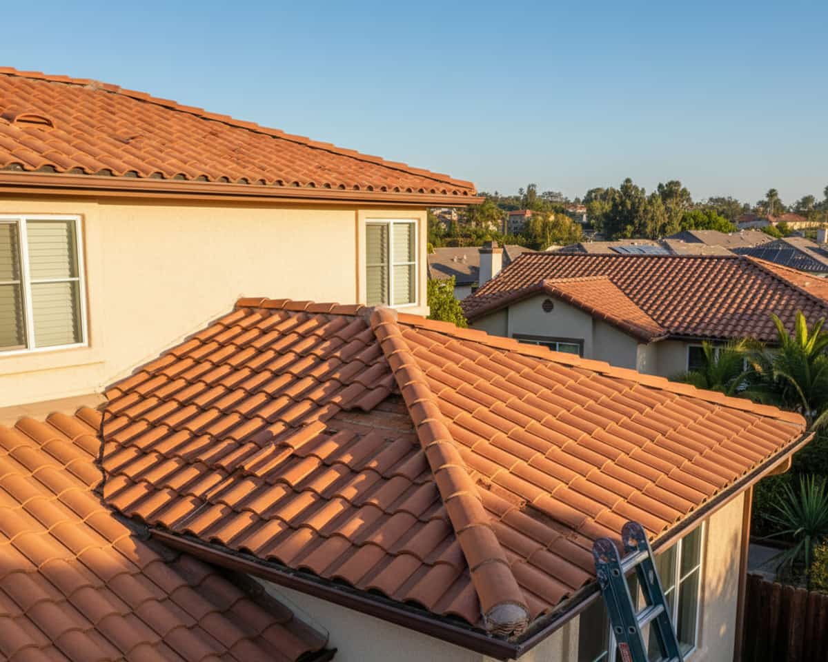 Repaired section of a tile roof, showing quality craftsmanship in Burbank