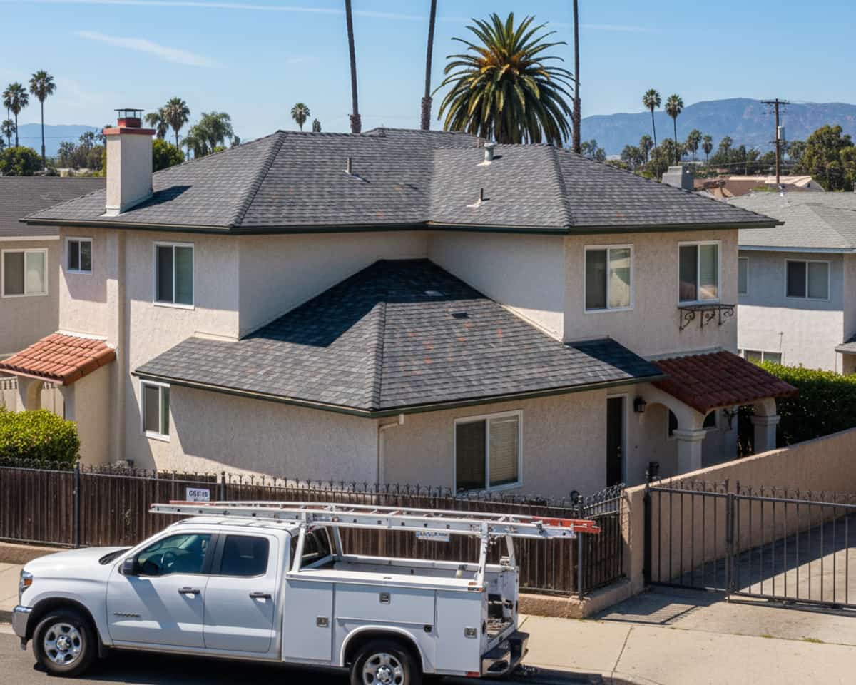 Repaired shingle roof with a clear blue sky over North Hollywood neighborhood