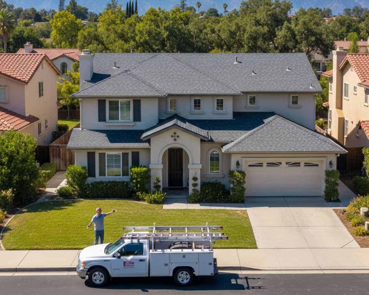 Roofing professionals inspecting a shingle roof on a house in a sunny Arcadia neighborhood.