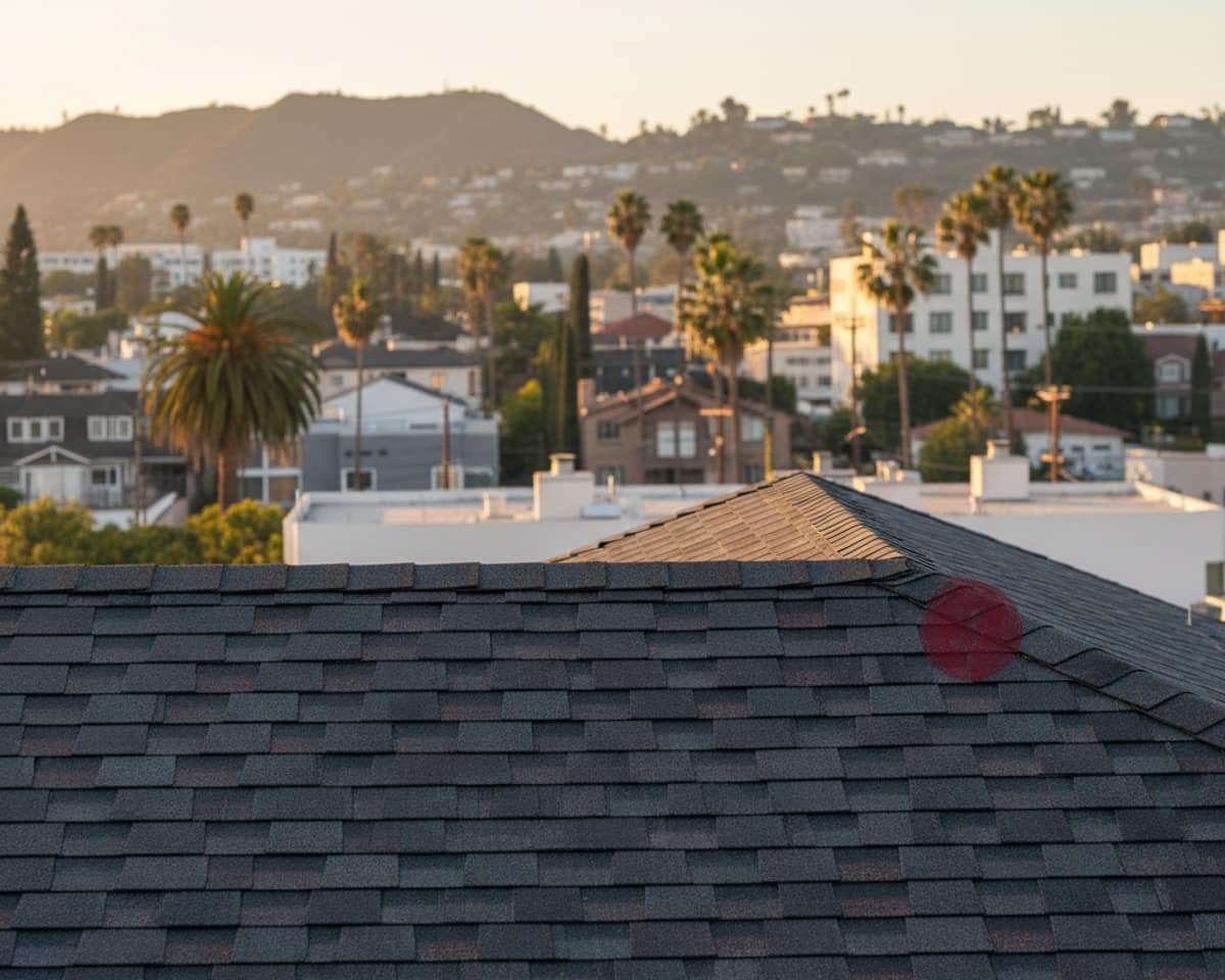 Close-up of newly installed architectural shingles on a completed roof in Hollywood, showcasing durable results.