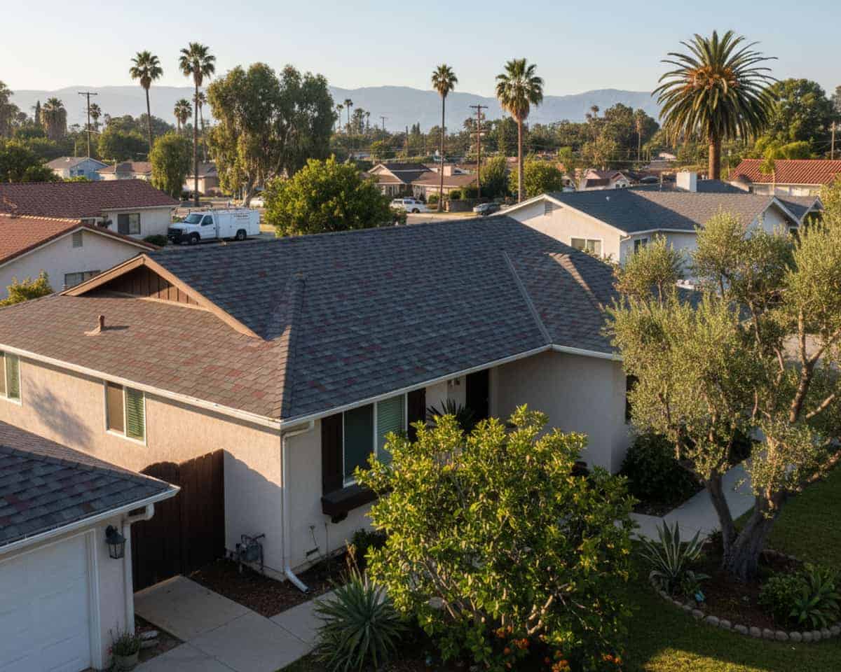 LA Roof Services crew member inspecting an existing shingle roof on a North Hollywood home.