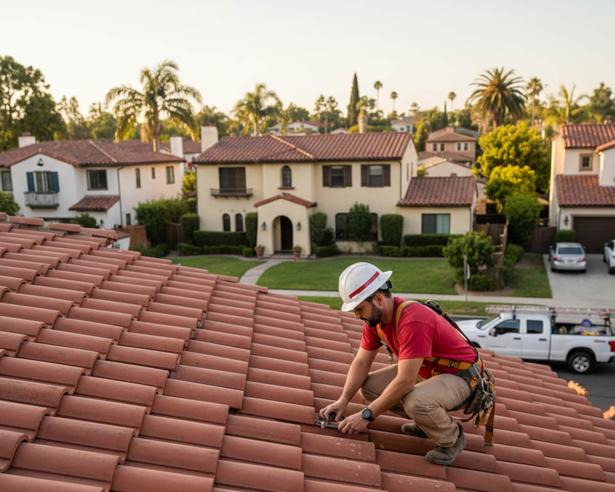 LA Roof Services team member inspecting a newly installed tile roof in an Alhambra neighborhood