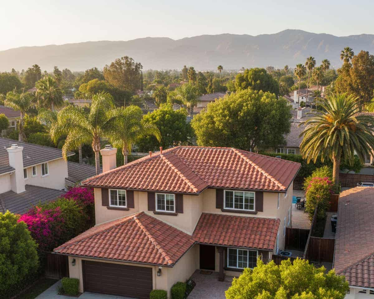 Aerial view of a completed residential tile roof project in a Burbank neighborhood, showcasing thorough work.