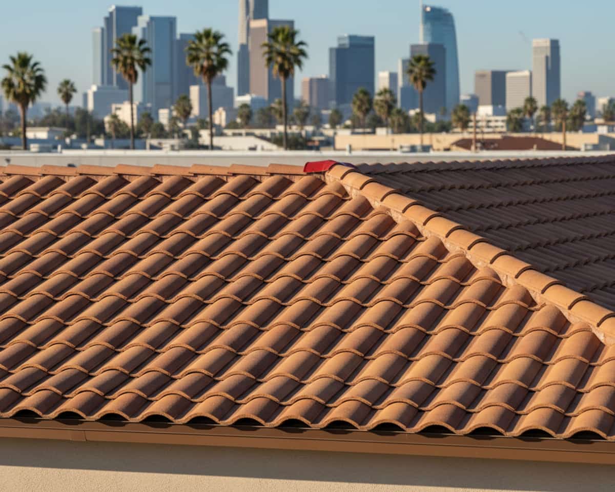 Close-up of newly installed concrete tiles on a commercial building in Los Angeles