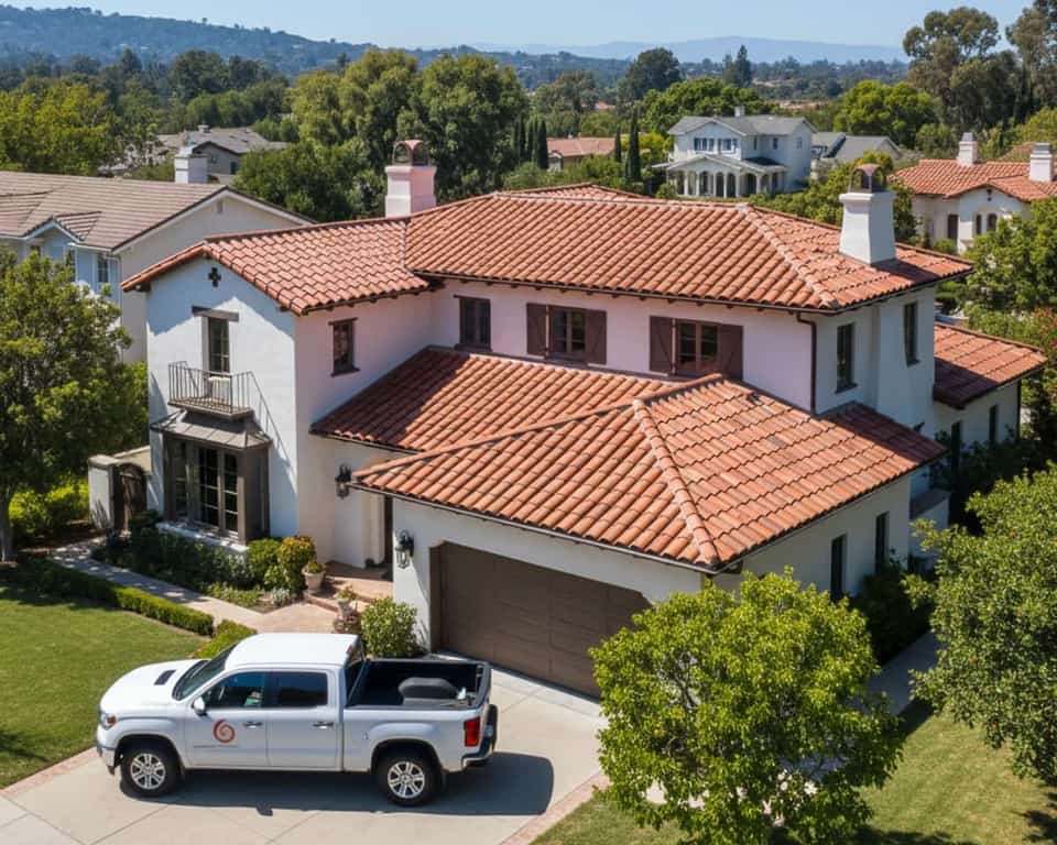Skilled LA Roof Services roofers thoroughly installing new tile roofing on a San Marino home.
