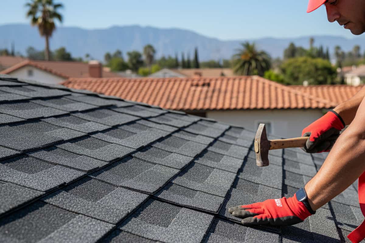 Close-up of newly installed asphalt shingles on a reroofed section