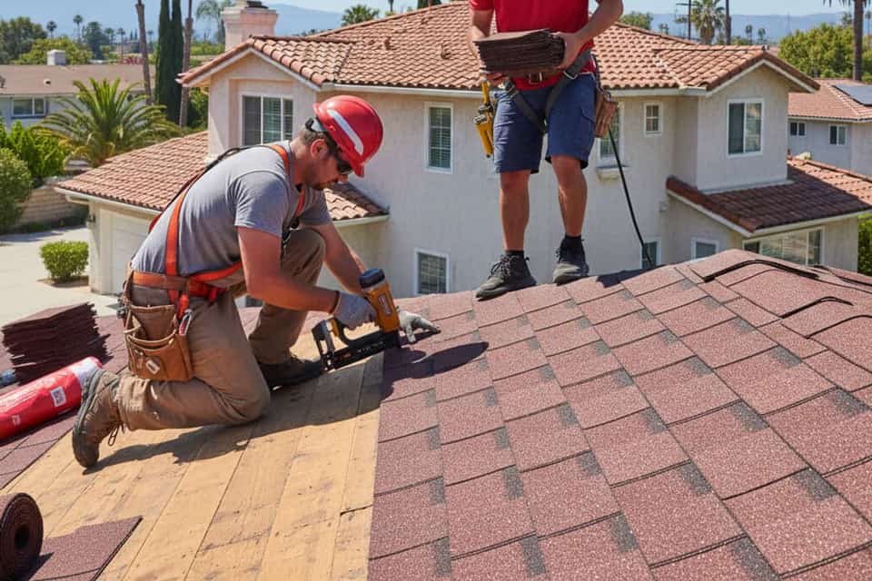 Roofers carefully installing new shingles on a residential property.