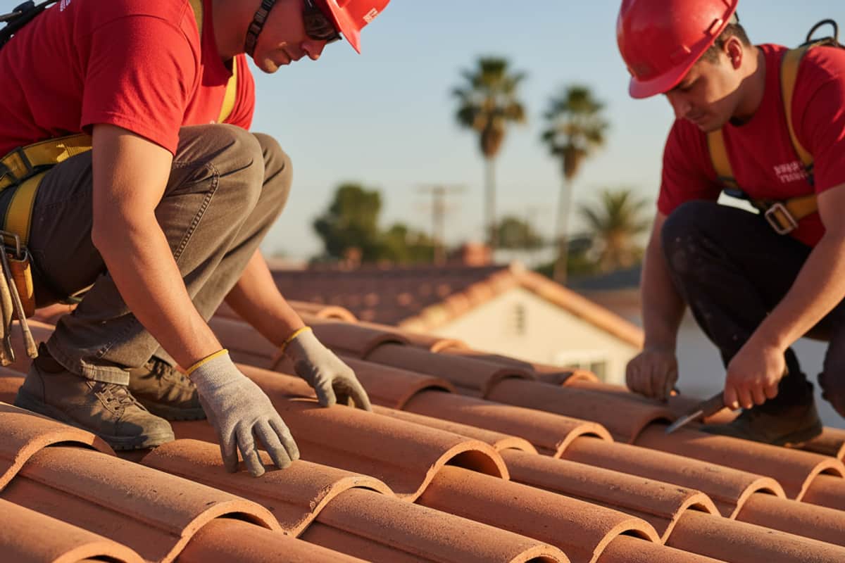 Close up of terracotta clay tiles on a rooftop in Los Angeles