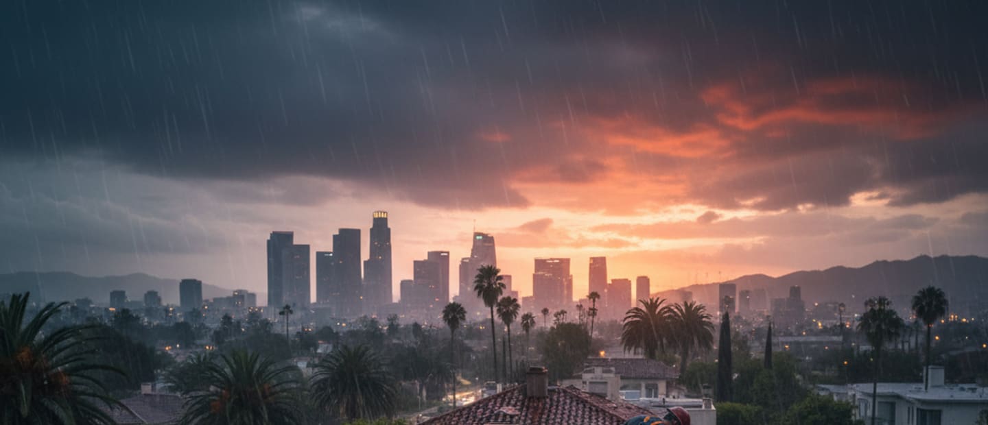 Storm-damaged roof with tarp covering, showcasing urgent repair needs in Los Angeles