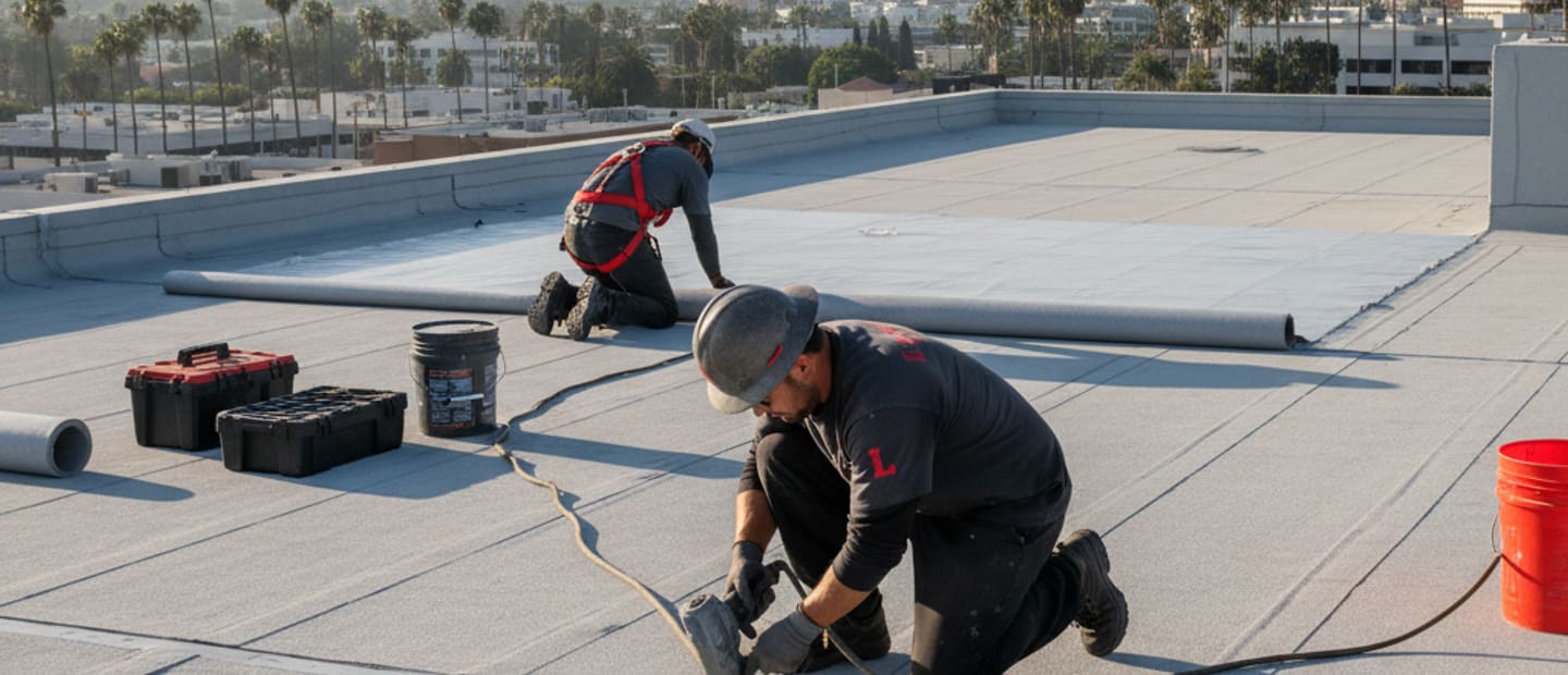 Professional team installing a flat roof in Los Angeles