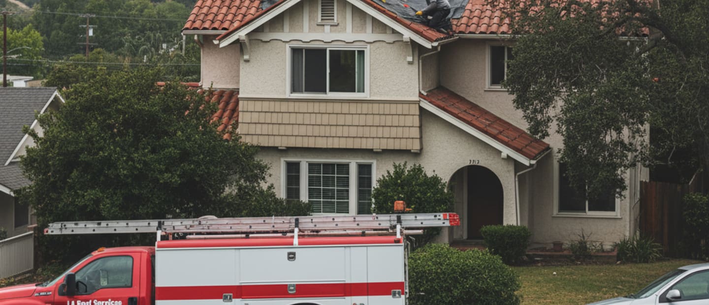 Emergency roof repair crew securing a damaged roof in Altadena under an overcast sky