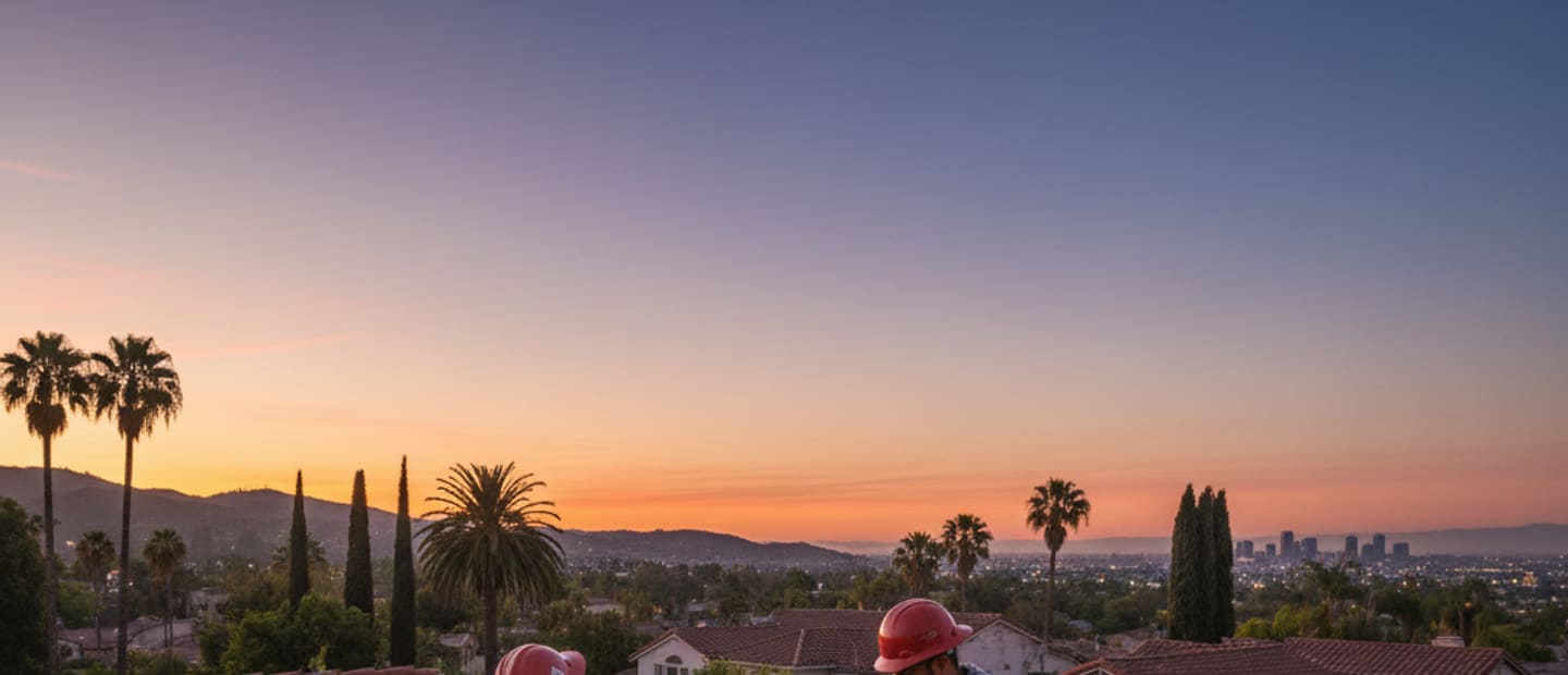 Emergency roof repair crew securing a damaged roof in Montebello at twilight