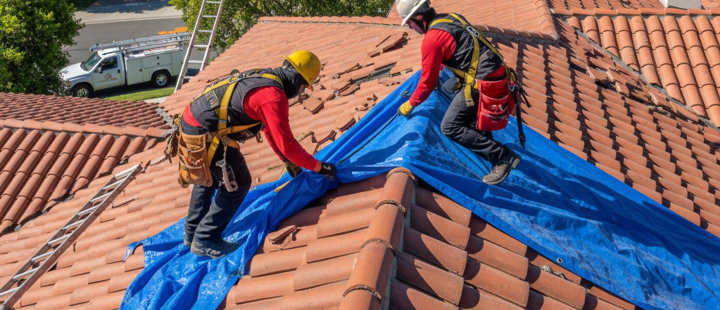 Emergency roof repair technicians fixing a damaged roof in San Marino, with a clear blue sky background.