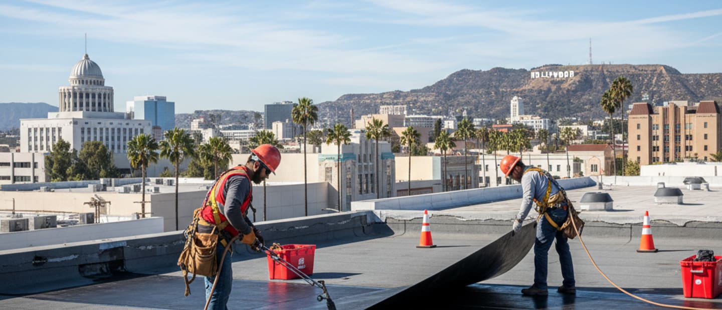 Flat roofing installation on a Hollywood commercial building by LA Roof Services