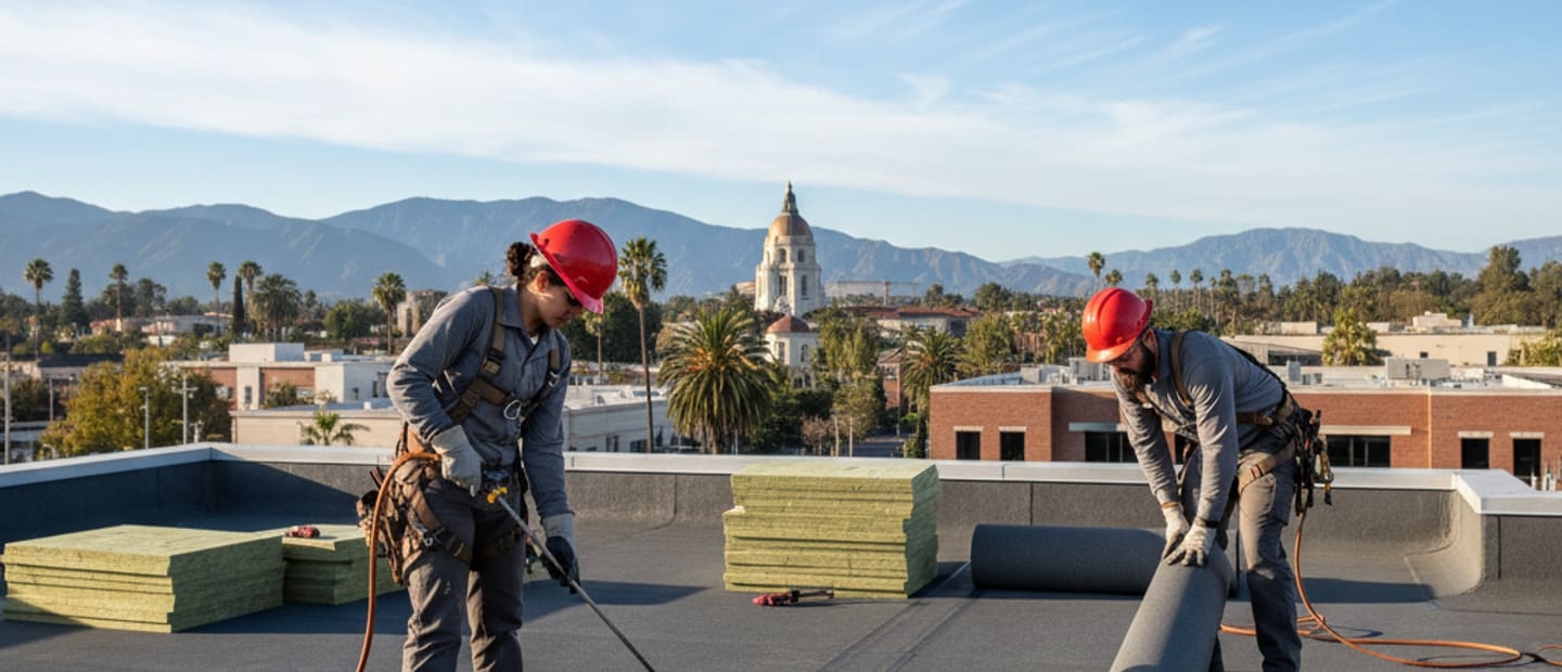 Modern flat roof installation on a commercial building in Pasadena under a clear sky.
