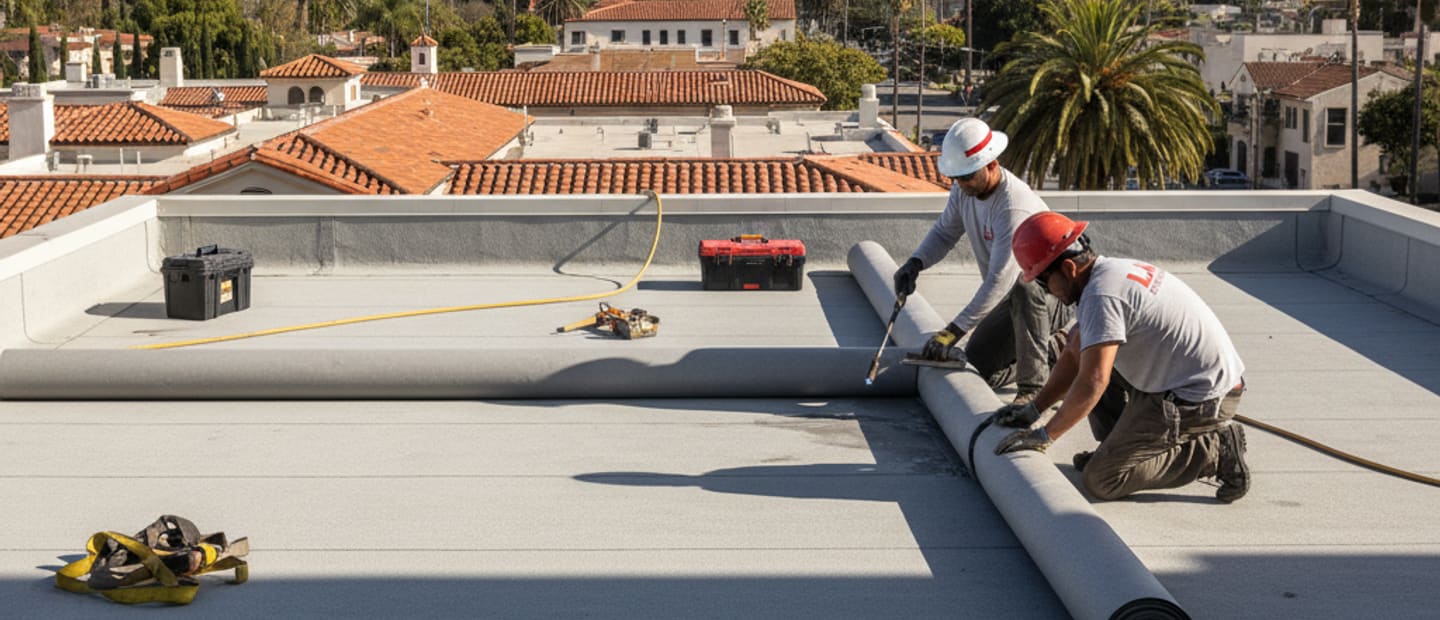Modern flat roof installation on a commercial building in San Marino