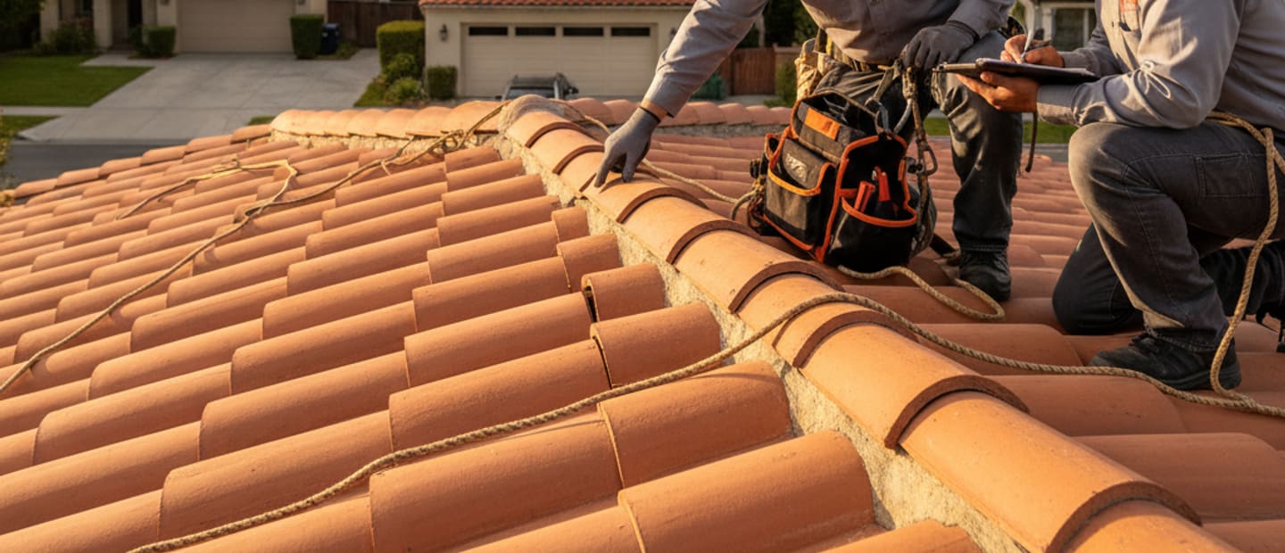Roof inspector on a residential roof in Alhambra, pointing to an area of interest.