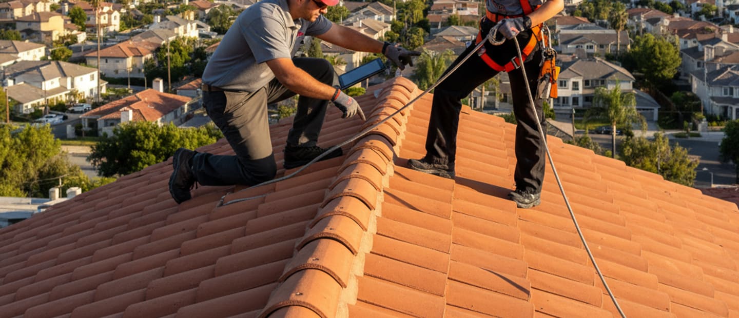 Roofing contractor inspecting a roof in Burbank, CA