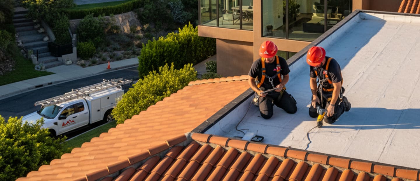 Hollywood Hills home with a newly inspected roof under a clear blue sky, showing quality roofing work.