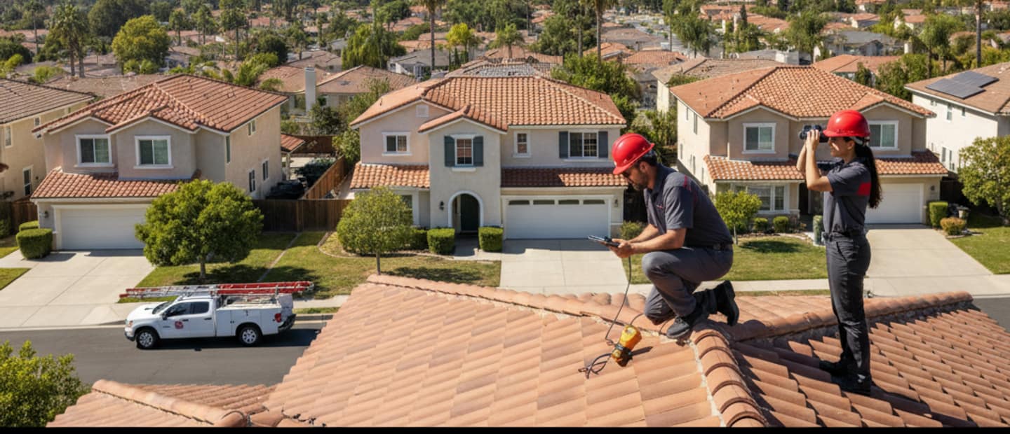 Roof inspector on a residential roof in Montebello, performing a free roof inspection