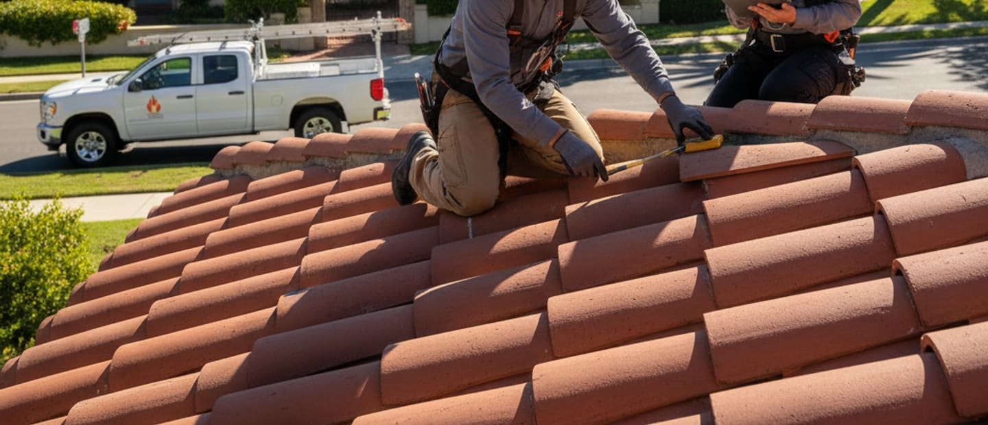 Professional roof inspector examining a tile roof on a home in San Marino
