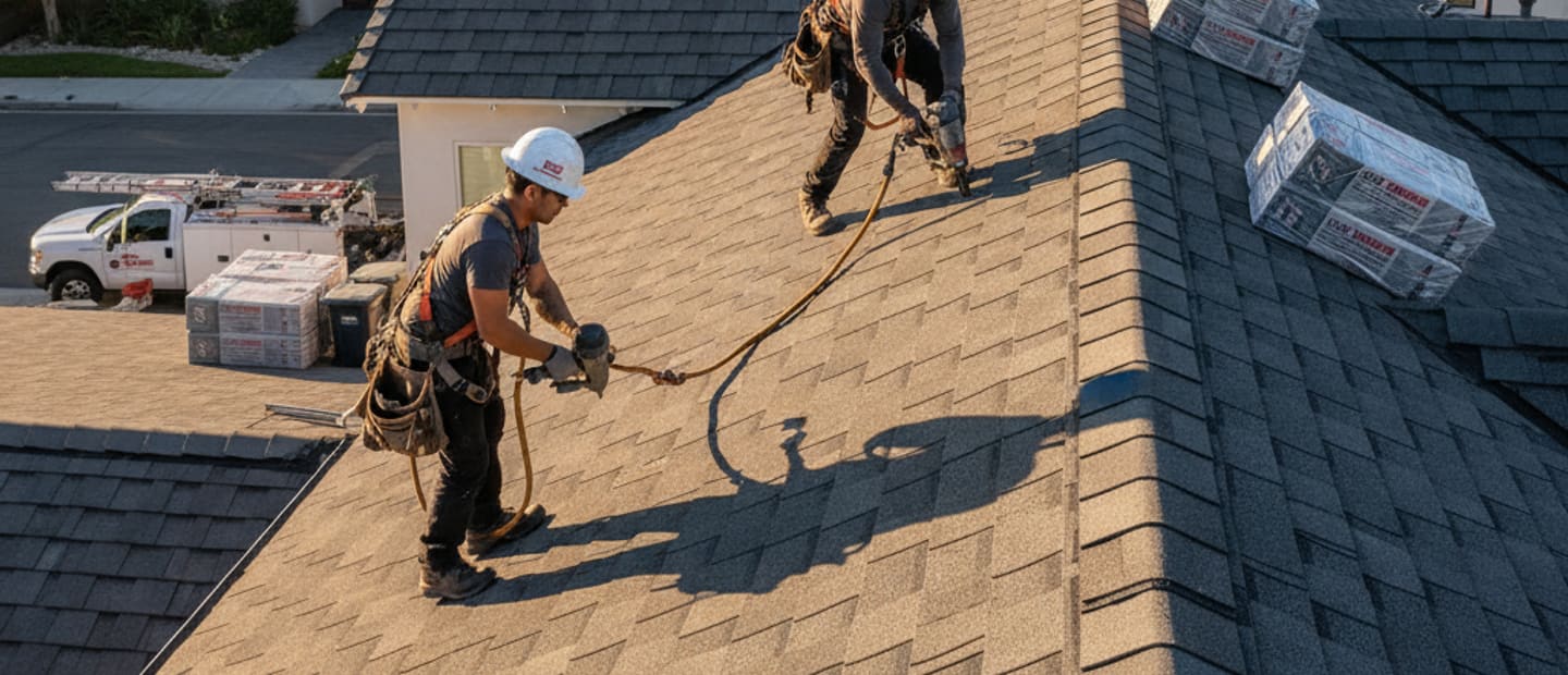 New shingle roof installation on a modern home in Los Angeles.