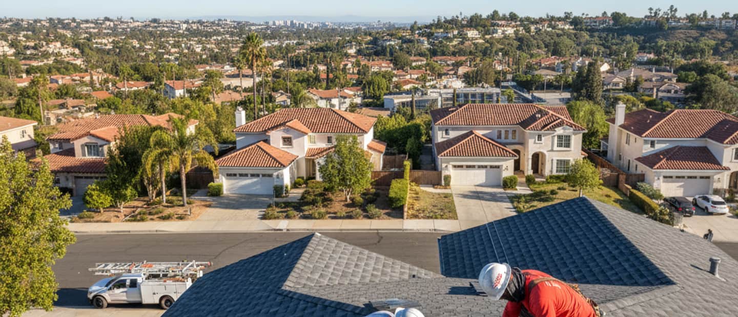 Newly installed shingle roof on a home in Montebello with a clear sky