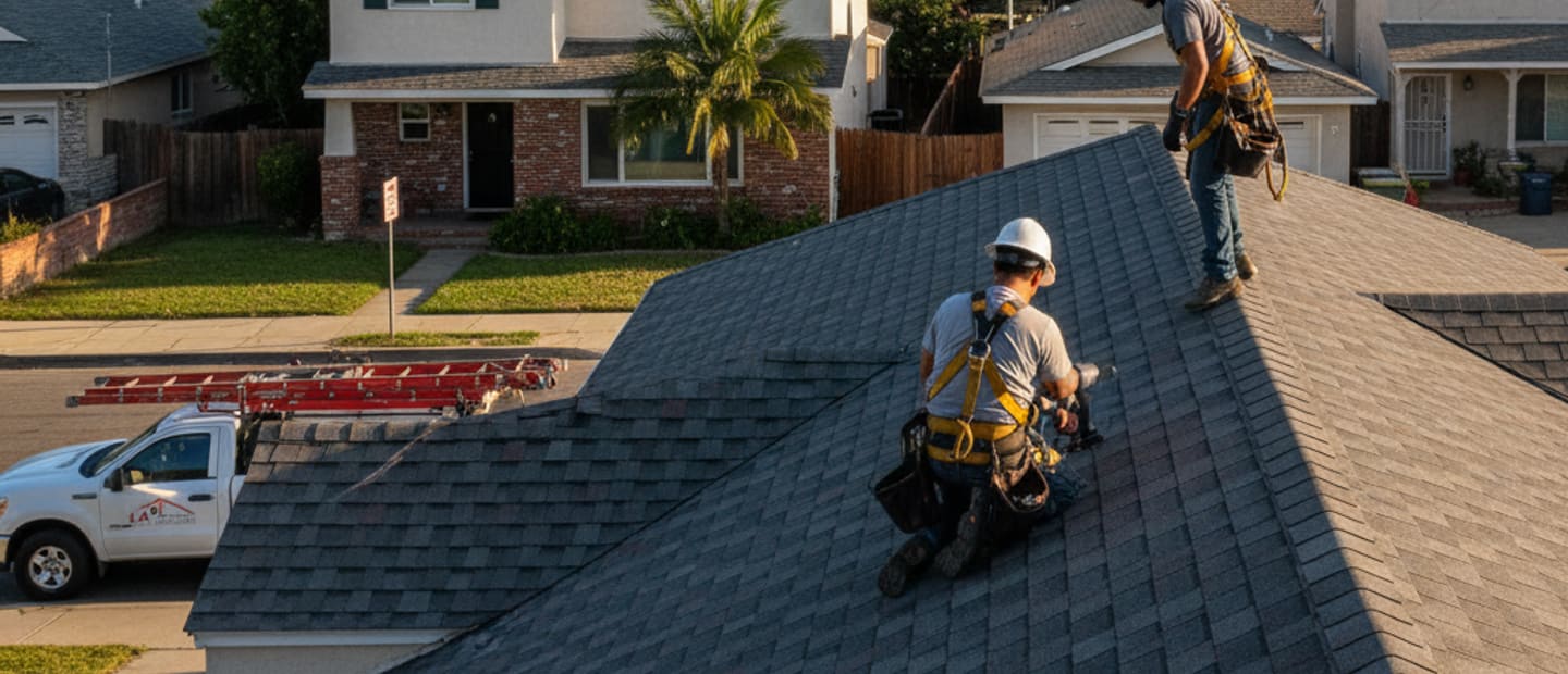 Residential neighborhood in North Hollywood with a newly installed shingle roof on a house.