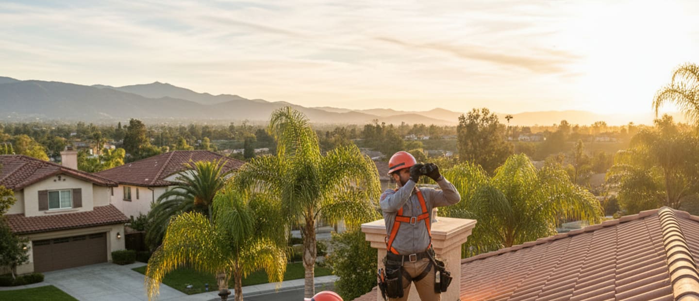 Roofing specialist performing a detailed roof inspection on a residential roof in Arcadia