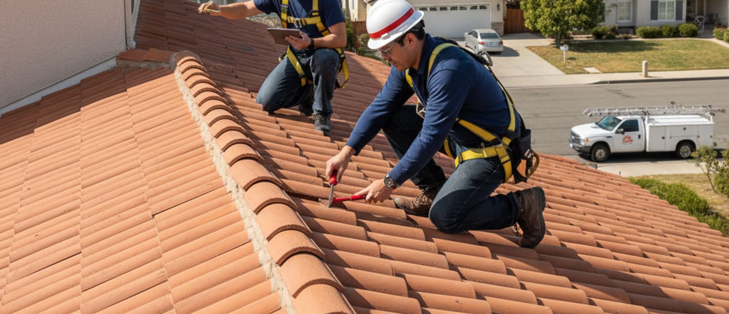Roof technician inspecting a residential roof in Burbank for preventive maintenance