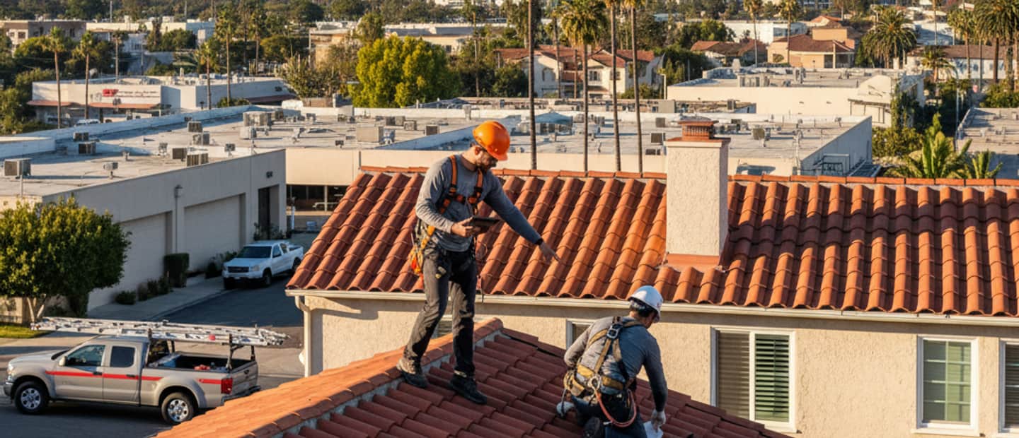 Roofing specialist inspecting a residential roof in Glendale, California with mountains in background