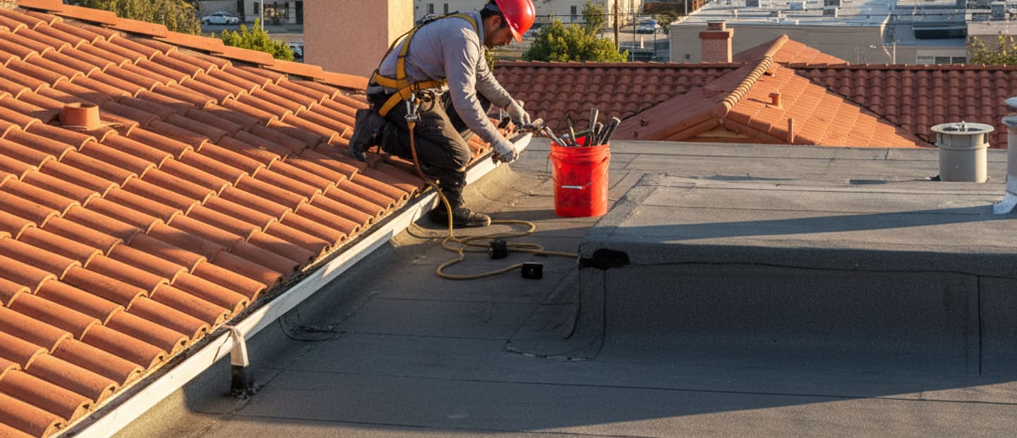 Roofer performing maintenance on a residential roof in Montebello with cityscape in background