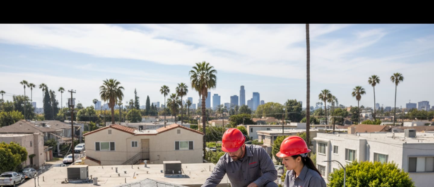 Roofing technician inspecting a clean roof in North Hollywood