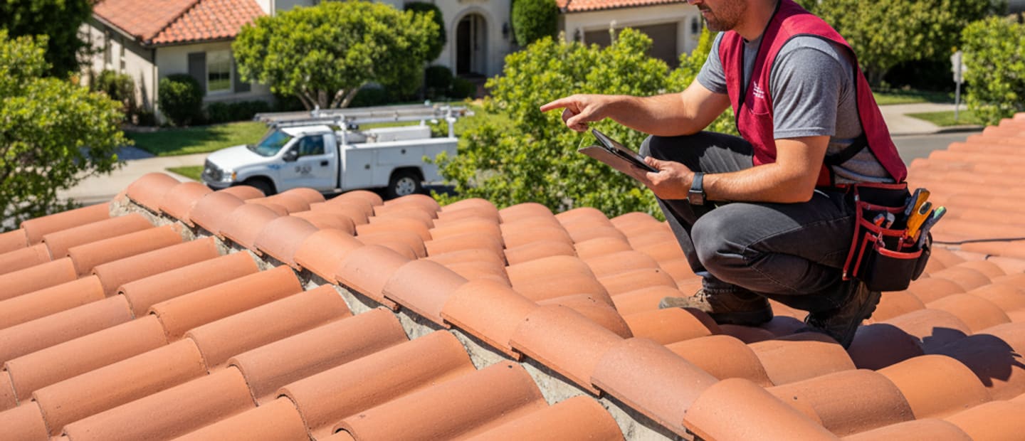 Roof maintenance technician inspecting a residential roof in San Marino