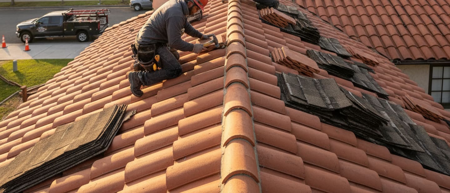 Professionals working on a reroofing project in Arcadia