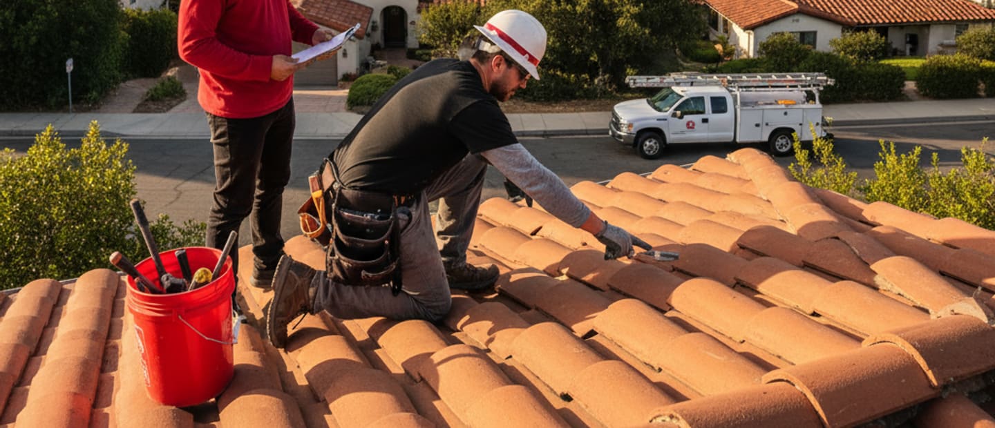 Roof repair specialist inspecting a damaged roof in Altadena, CA.
