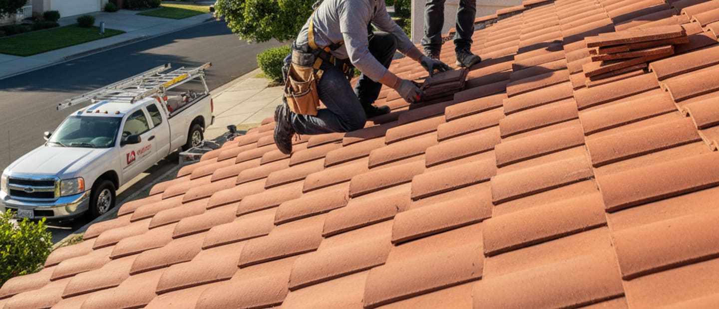 Skilled roofers performing a roof repair in Arcadia on a residential property