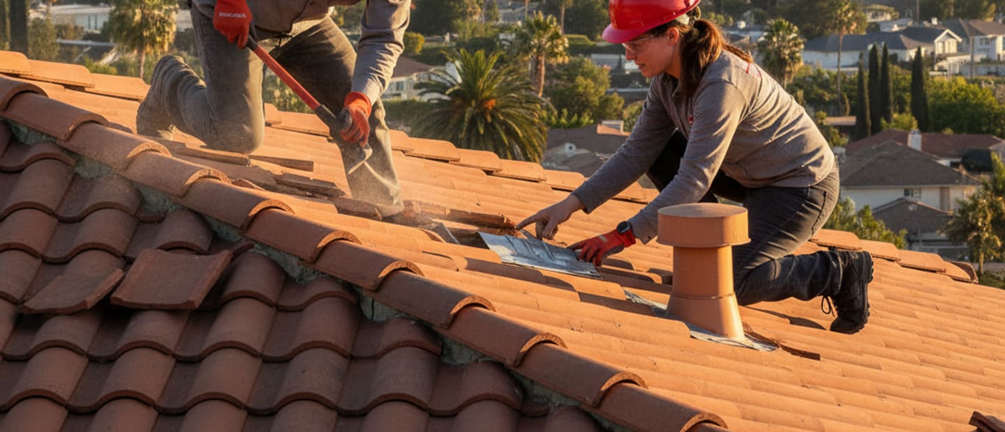 Roofing crew performing professional roof repair on a residential property with the Los Angeles skyline in the background.