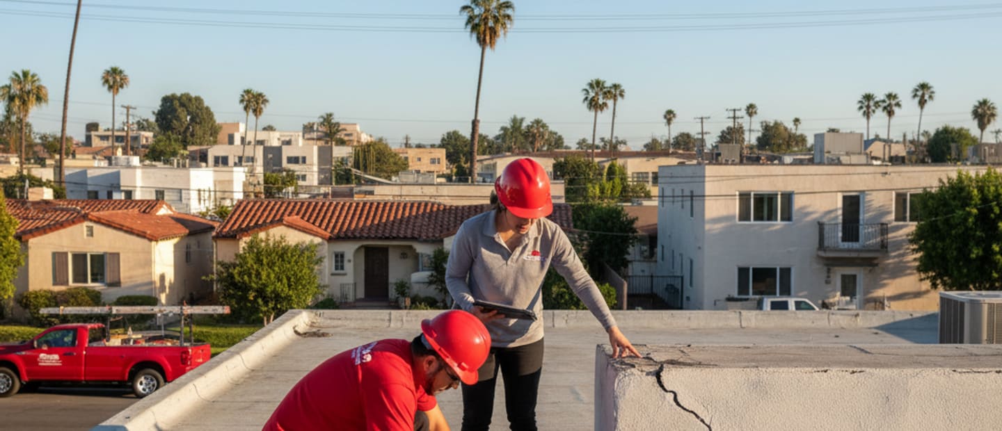 Roof repair technician inspecting a damaged roof in North Hollywood