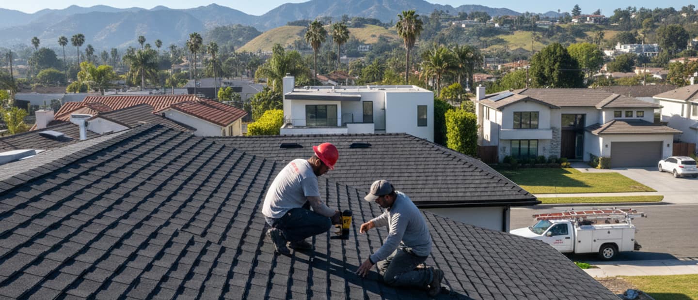 Recently installed shingle roof on a modern Los Angeles home with blue skies.