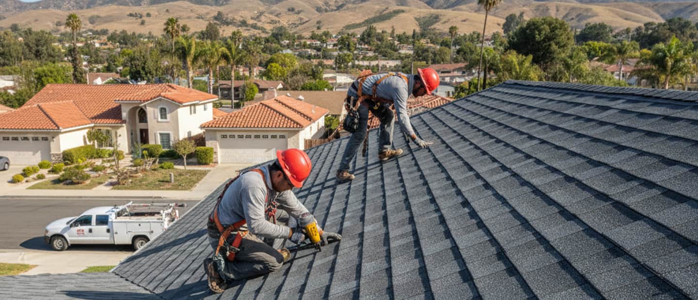Close-up of modern architectural shingles on a residential roof in Montebello