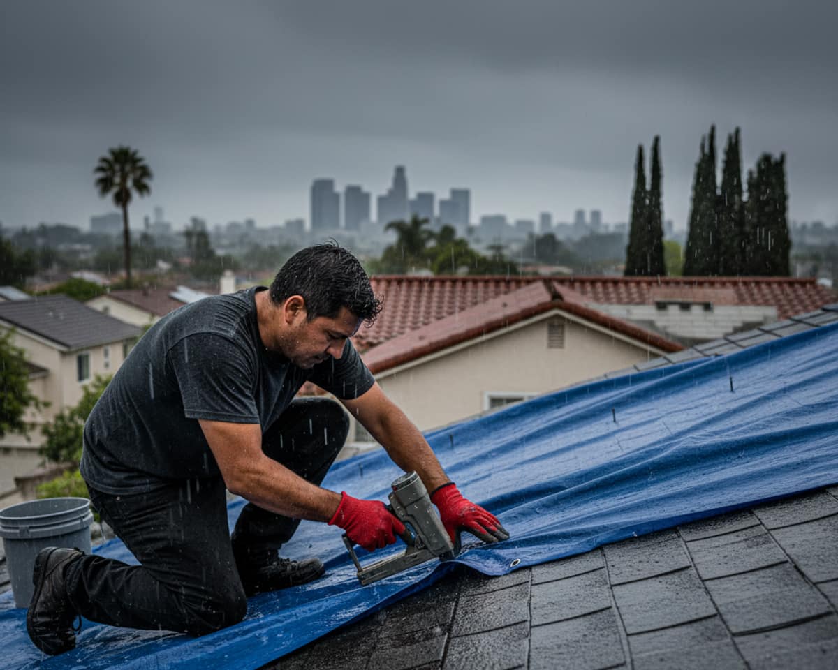 Roofer securing a tarp over a damaged section of a residential roof in Los Angeles