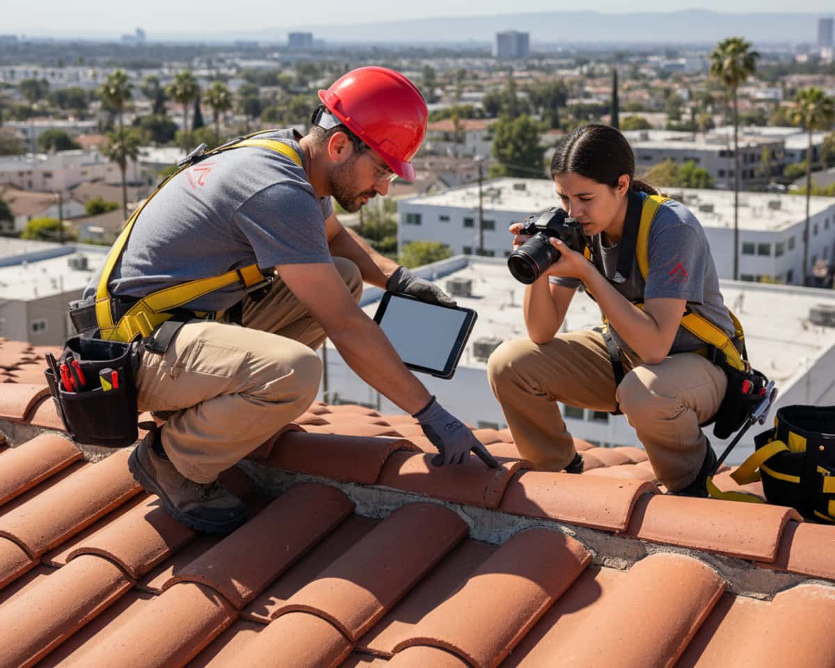 Roof inspector on a residential roof performing a detailed roof assessment in Los Angeles, pointing out an area of concern.